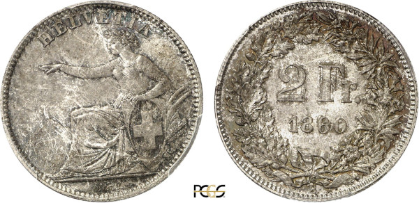 Switzerland, 2 Francs 1860 B (Bern) (Silver, 10.00 gr, 27 mm) Seated Helvetia HELVETIA Rev. Denomination within wreath. Reeded edge. KM 10a. PCGS MS66