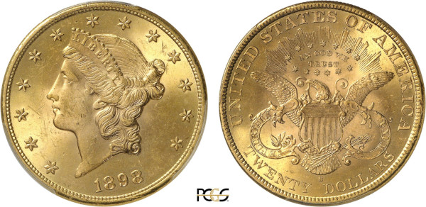 United States of America, Liberty 20 Dollars 1898 S (San Francisco) (Gold, 33.44 gr, 34 mm) Coronet head left, within circle of stars Rev. Eagle with shield on breast UNITED STATES OF AMERICA / IN GOD WE TRUST / E PLURIBUS UNUM. Reeded edge. KM 74.3. PCGS MS63