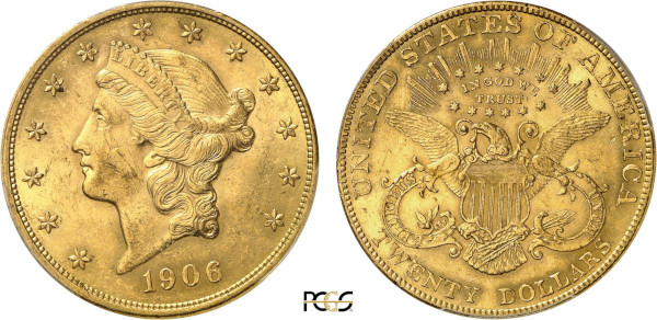 United States of America, Liberty 20 Dollars 1906 (Philadelphia) (Gold, 33.44 gr, 34 mm) Coronet head left, within circle of stars Rev. Eagle with shield on breast UNITED STATES OF AMERICA / IN GOD WE TRUST / E PLURIBUS UNUM. Reeded edge. KM 74.3. PCGS MS62