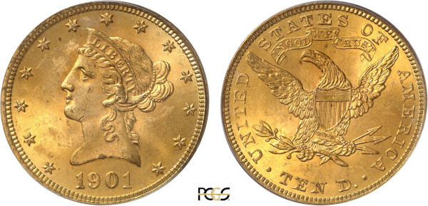 United States of America, Liberty 10 Dollars 1901 (Philadelphia) (Gold, 16.72 gr, 27 mm) Coronet head left, within circle of stars Rev. Eagle with shield on breast UNITED STATES OF AMERICA / IN GOD WE TRUST / E PLURIBUS UNUM. Reeded edge. KM 102. PCGS MS64