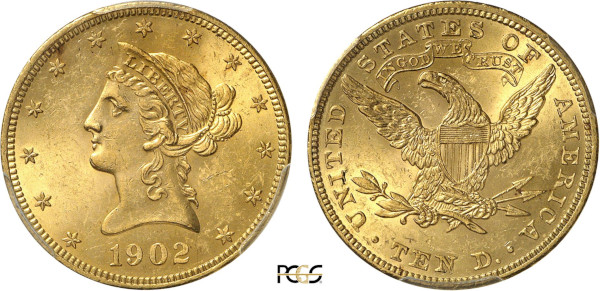 United States of America, Liberty 10 Dollars 1902 (Philadelphia) (Gold, 16.72 gr, 27 mm) Coronet head left, within circle of stars Rev. Eagle with shield on breast UNITED STATES OF AMERICA / IN GOD WE TRUST / E PLURIBUS UNUM. Reeded edge. KM 102. PCGS MS63+