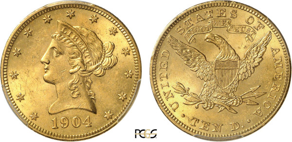 United States of America, Liberty 10 Dollars 1904 (Philadelphia) (Gold, 16.72 gr, 27 mm) Coronet head left, within circle of stars Rev. Eagle with shield on breast UNITED STATES OF AMERICA / IN GOD WE TRUST / E PLURIBUS UNUM. Reeded edge. KM 102. PCGS MS63