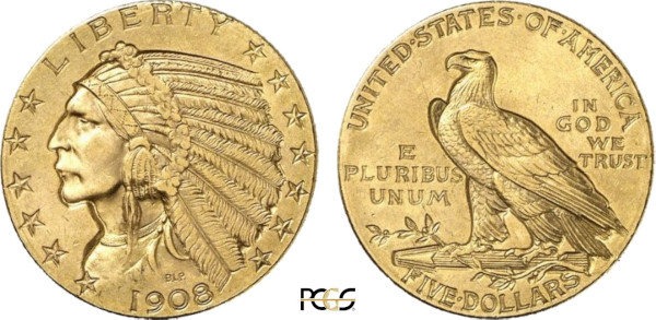 United States of America, Indian Head 5 Dollars 1908 (Philadelphia) (Gold, 8.36 gr, 22 mm) Indian head wearing a war bonnet, facing left LIBERTY Rev. Eagle standing on a branch UNITED STATES OF AMERICA / IN GOD WE TRUST / E PLURIBUS UNUM. Reeded edge. KM 129. PCGS MS62