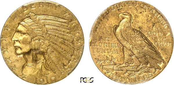 United States of America, Indian Head 5 Dollars 1910 (Gold, 8.36 gr, 22 mm) Indian head wearing a war bonnet, facing left Rev. Eagle standing on a branch UNITED STATES OF AMERICA / IN GOD WE TRUST / E PLURIBUS UNUM. Reeded edge. KM 129. PCGS MS62