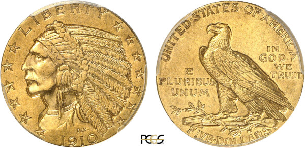 United States of America, Indian Head 5 Dollars 1910 (Gold, 8.36 gr, 22 mm) Indian head wearing a war bonnet, facing left Rev. Eagle standing on a branch UNITED STATES OF AMERICA / IN GOD WE TRUST / E PLURIBUS UNUM. Reeded edge. KM 129. PCGS MS61