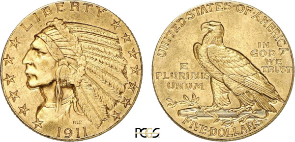 United States of America, Indian Head 5 Dollars 1911 (Philadelphia) (Gold, 8.36 gr, 22 mm) Indian head wearing a war bonnet, facing left LIBERTY Rev. Eagle standing on a branch UNITED STATES OF AMERICA / IN GOD WE TRUST / E PLURIBUS UNUM. Reeded edge. KM 129. PCGS MS61