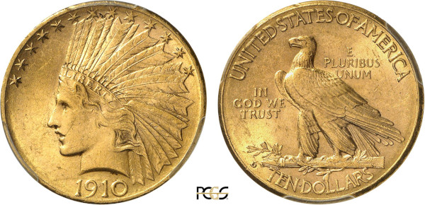 United States of America, Indian Head 10 Dollars 1910 D (Denver) (Gold, 16.72 gr, 26 mm) Indian head wearing a war bonnet, facing left Rev. Eagle standing on a branch UNITED STATES OF AMERICA / IN GOD WE TRUST / E PLURIBUS UNUM. Ornated edge. KM 130. PCGS MS62