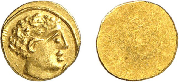 ETRURIA, Populonia. 3rd century BC. AV 10 Asses (0.54g). Young male head right; X (mark of value) to lower right. Rev. Blank. Vecchi 56; HN Italy 135. Very rare. Extremely fine