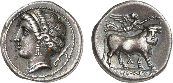 CAMPANIA, Neapolis. Circa 275-250 BC. AR Drachm (3.47g). Head of nymph Partenos left, wearing fillet, earring and necklace. Rev. Man-faced bull walking right, crowned by flying Nike. HN Italy 588; SNG Lockett 98. Very rare. Old cabinet tone. Good very fine. Privately acquired from Tradart