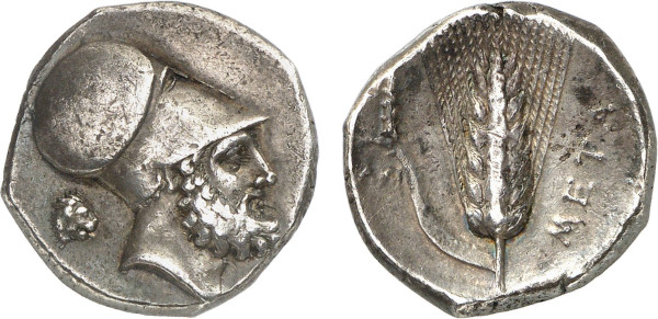 LUCANIA, Metapontum. Circa 340-330 BC. AR Nomos (7.86g). Bearded head of Leukippos right, wearing Corinthian helmet; behind, lion’s head right. Rev. Barley ear with leaf to left; above leaf, vertical club. MAST 17 (this coin); HN Italy 1575. Attractively toned. Good very fine. Privately acquired from Tradart