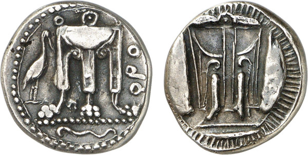 BRUTTIUM, Kroton. Circa 480-430 BC. AR Nomos (7.22g). Tripod, legs terminating in lion's feet; heron standing right on left, volute in exergue. Rev. Incuse tripod. HN Italy 2106; SNG ANS 312. Old cabinet tone. Extremely fine