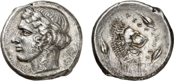 SICILY, Leontini. Circa 430 BC. AR Tetradrachm (16.42g). Head of Apollo left, wearing laurel wreath. Rev. Head of roaring lion right, three barley grains around, kithara below. ANS 243 (same dies). Rare. Lightly toned. Probably overstruck on a Selinus tetradrachm. Some scratches. Good very fine. Jean Elsen 2009 (249) lot 5