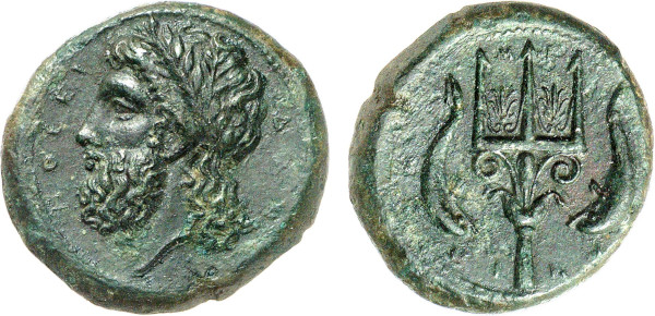 SICILY, Messana. Circa 338-331 BC. Æ Dilitron (14.74g). Laureate head of Poseidon left. Rev. Ornate trident head, dolphin on either side. MAST 42 (this coin); Caltabiano 710. Nice dark green patina. Good very fine. Privately acquired from Tradart