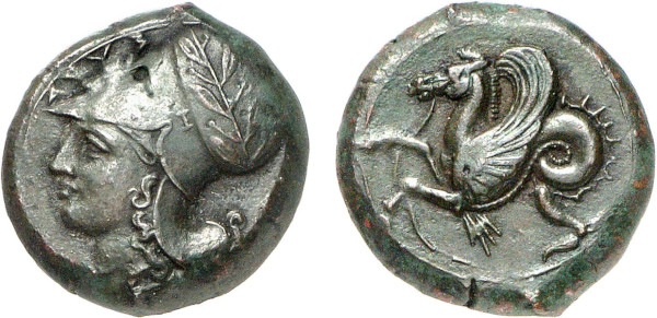 SICILY, Syracuse. Circa 409-395 BC. Æ Litra (6.35g). Head of Athena left, wearing Corinthian helmet adorned with olive wreath. Rev. Bridled hippocamp left, trailing rein. CNS 45. SNG ANS 434. Nice green patina. Good very fine. Tradart 1994 (4) lot 24