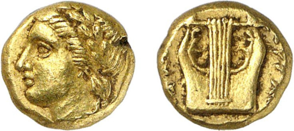 SICILY, Syracuse. Agathocles. Circa 306-305 BC. EL 12½ Litrae (1.79g). Laureate head of Apollo left. Rev. Kithara. Jenkins Group A; SNG ANS 617-619. A pretty little gold piece. Extremely fine