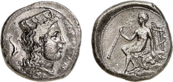 SICILY, Thermae Himerenses. Circa 360-350 BC. AR Didrachm (7.89g). Head of Hera right, wearing stephane decorated with three palmettes. Rev. Herakles seated left on rock draped with lion's skin, with club in right hand; bow and quiver behind. Jenkins 7 (same dies). Very rare. Old cabinet tone. Some light corrosion, otherwise, good very fine. Privately acquired from Frank Sternberg