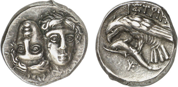 MOESIA, Istros. Circa 4th Century BC. AR Drachm (6.16g). Facing male heads, the right inverted. Rev. Sea-eagle left, grasping dolphin with talons; monogram below dolphin. AMNG 423. Old cabinet tone. Extremely fine. Privately acquired from Tradart
