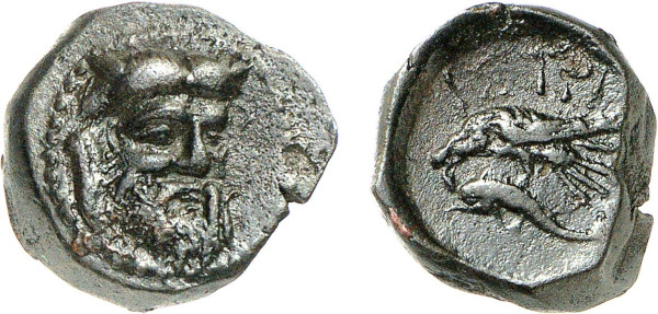 MOESIA, Istros. Circa 350-275 BC. Æ (4.09g). Horned and bearded head of the river god Istros turned slightly right. Rev. Sea-eagle left, grasping dolphin with talons. AMNG 468; SNG Stancomb 176. Black patina. Extremely fine. Former Hans Hermann Gutknecht collection