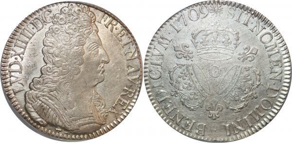 France R4 Ecu Louis XIV 3 Couronnes 1709 O Riom Argent Silver PCGS AU