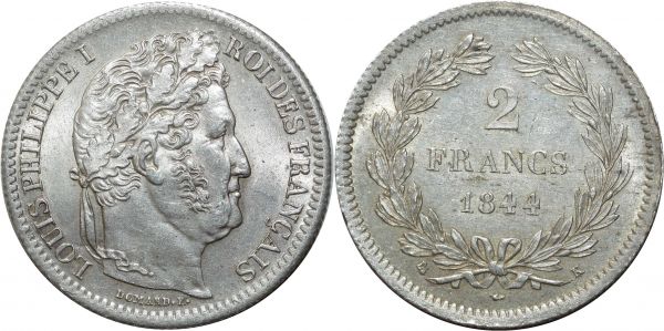 France 2 Francs Louis Philippe 1844 A Paris PCGS MS 62