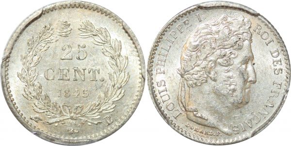 France 25 Centimes Louis Philippe I 1845 B Rouen Argent Silver PCGS MS63 