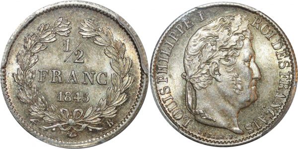 France 1/2 FrancLouis Philippe I 1845 Rouen Silver PCGS MS64