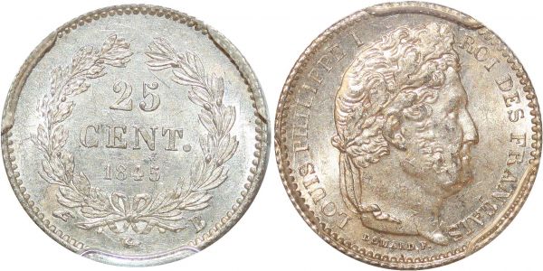 France 25 Centimes Louis Philippe I 1845 B Rouen Silver PCGS MS63