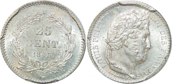 France 25 Centimes Louis Philippe 1845 B Rouen PCGS MS62 