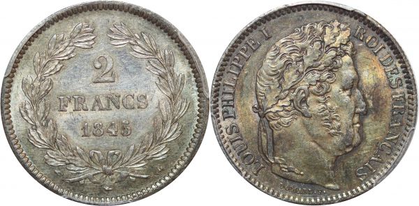 France 2 Francs Louis Philippe I 1845 B Rouen Silver PCGS MS62 