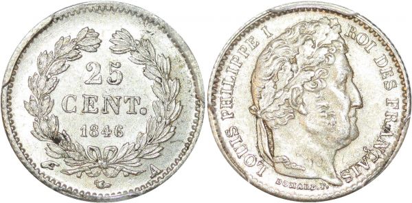 France 25 Centimes Louis Philippe I 1846 A Paris PCGS MS62