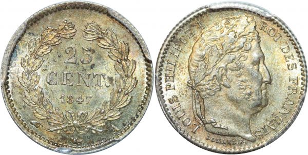 France 25 Centimes Louis Philippe I 1847 A Paris Argent Silver Pcgs MS64 