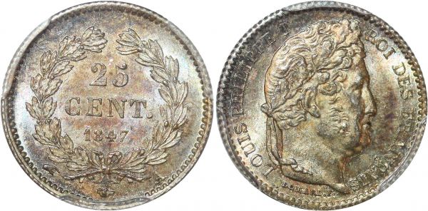France 25 Centimes Louis Philippe I 1847 A Paris Argent Silver PCGS MS66 
