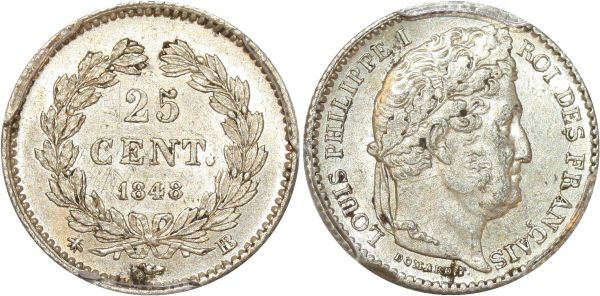 France 25 Centimes Louis Philippe I 1848 Argent PCGS MS62 