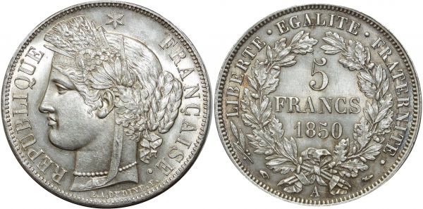 France 5 Francs Cérès 1850 A Paris Argent PCGS AU