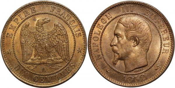 France 10 Centimes Napoléon III 1852 A Paris PCGS MS65