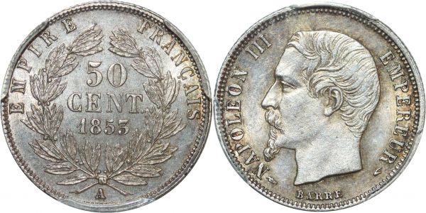 France 50 Centimes Napoléon III 1853 A Paris Argent PCGS MS62 