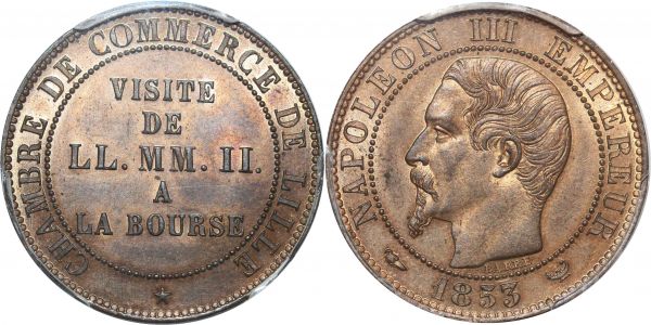 France 5 Centimes Essai Napoléon III Visite lille 1853 PCGS MS64 RB