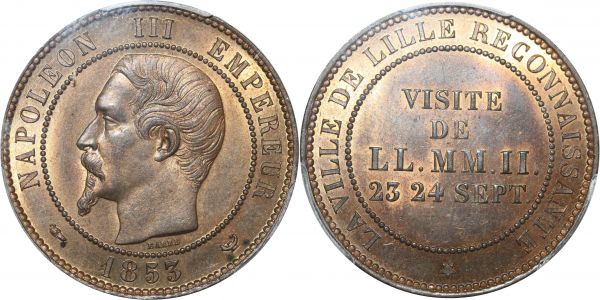 France 10 Centimes Essai Napoléon III Visite lille 1853 PCGS MS64 RB