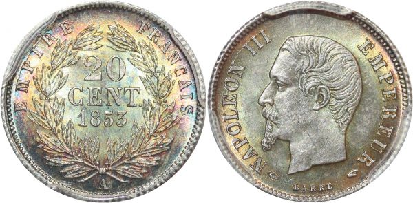 France 20 Centimes Napoléon III 1853 A Paris Argent Silver PCGS MS63 
