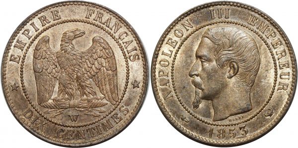 France 10 Centimes Napoléon III 1853 W Lille PCGS MS64