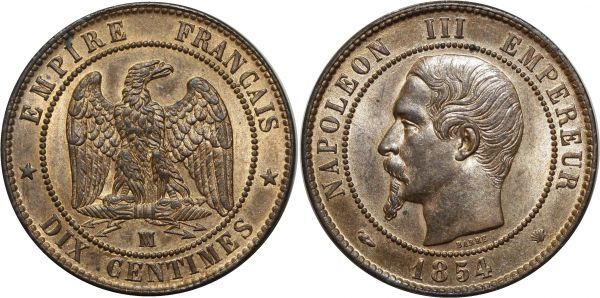 France 10 Centimes Napoléon III 1854 MA Marseille PCGS MS64