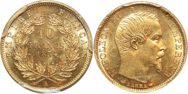 France 10 Francs Or Gold Napoléon III 1854 A PCGS MS63 