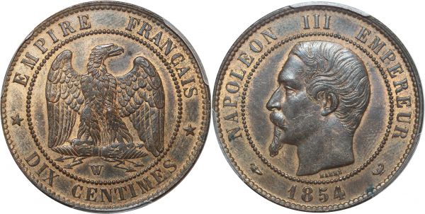 France 10 Centimes Napoléon I 1854 W Lille PCGS MS63 RB