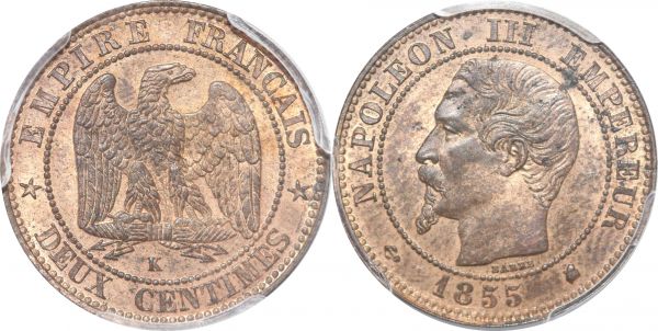 France 2 Centimes Napoléon III 1855 K Bordeaux PCGS MS63