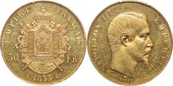 France 50 Francs Napoléon III 1855 A Or Gold PCGS MS 62