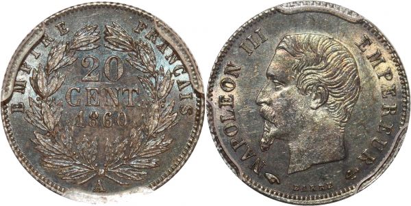France 20 Centimes Napoléon III 1860 A Paris Argent Silver PCGS MS63