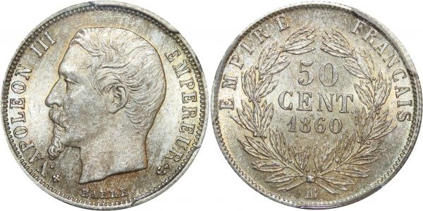 France Finest 50 Centimes Napoléon III 1860 BB PCGS MS64