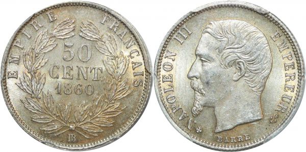 France 50 Centimes Napoléon III 1860 BB Strasbourg PCGS MS63