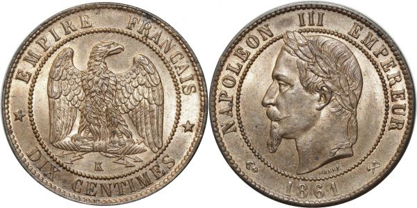France 10 Centimes Napoléon III 1861 K Bordeaux FDC MS64+