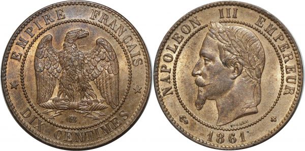 France 10 Centimes Napoléon III 1861 BB Strasbourg PCGS MS64